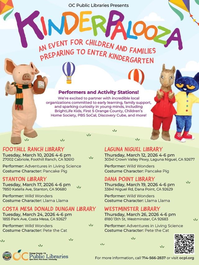 OC Public Libraries Presents Kinderpalooza at Various Location and at Various Dates and Times 